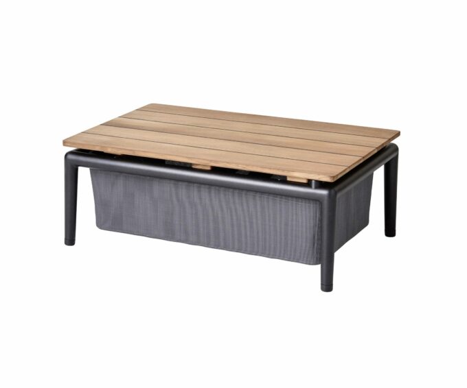 Der graue Conic Box-Tisch mit Teakplatte von Cane-line.
