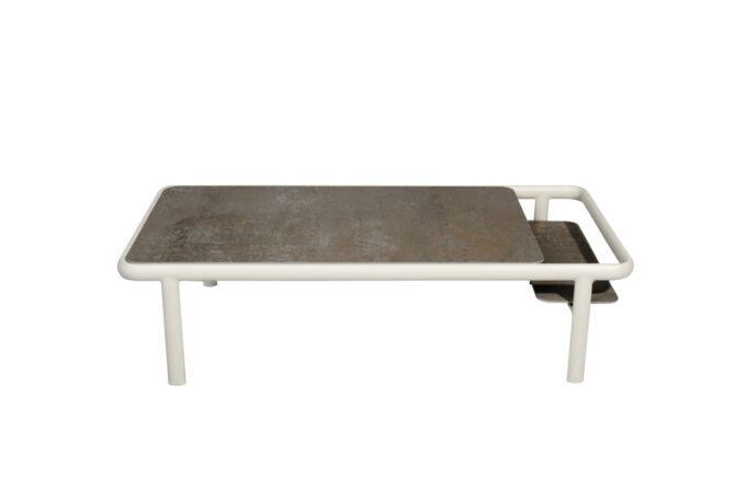 Von mindo der Couchtisch 106 mit hellgrauem Gestell und Steel chrome Platte.